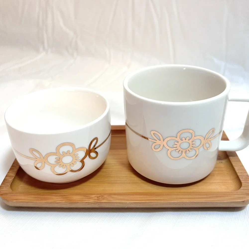 Thun Porcelain Mug/Cup Bowl Wood Tray Orianne Gold Breakfast 3 Piece Set White